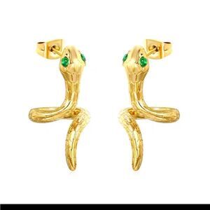 Gold Snake Earrings with Green Gemstone